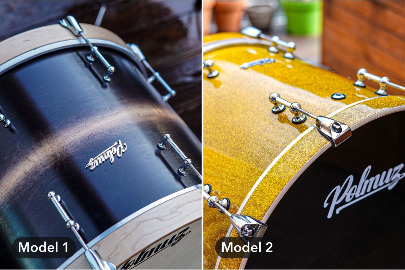 Perkusja Polmuz Model 1 w czarnym fade obok Modelu 2 w kolorze Champagne Gold Sparkle